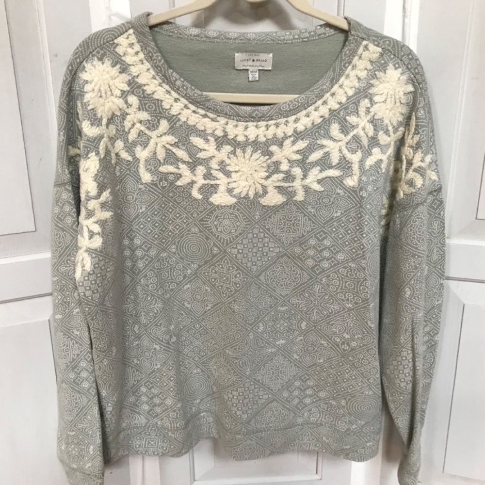 Lucky Brand Sage Green and Cream Long Sleeve Cotton Top - Picture 2 of 16